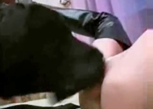 Black dog licks her little snatch